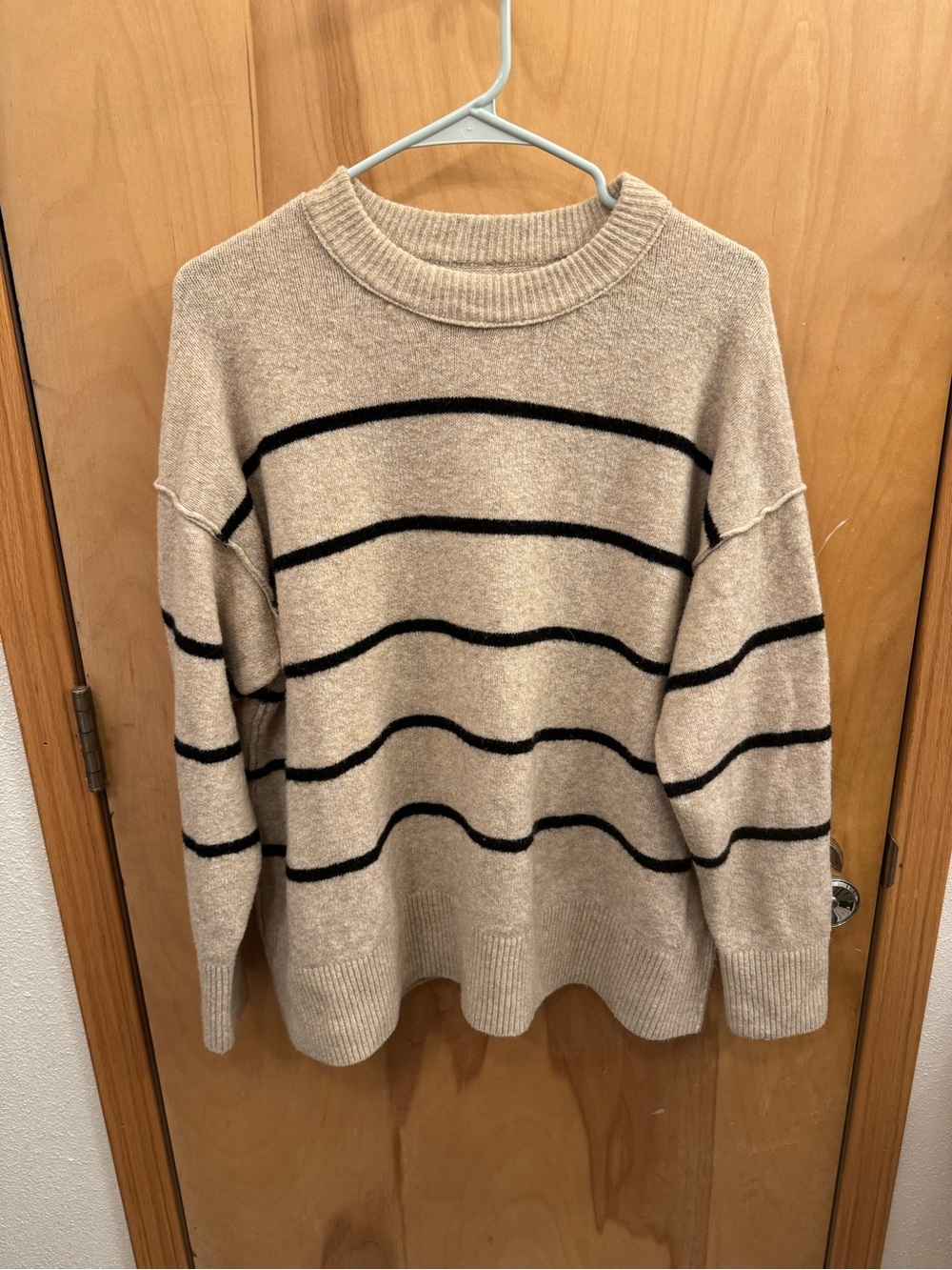 aerie Beige Crewneck Sweater with Black Stripes
